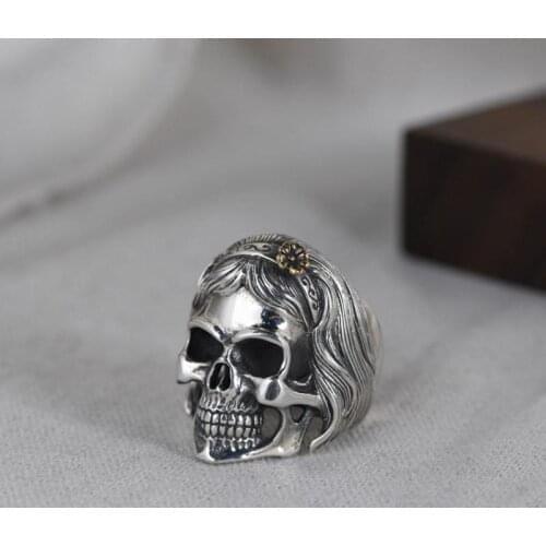 High Quality Fashion Retro Long Hair Flower Skull Index Finger Punk Style Ring Ladies Jewelry