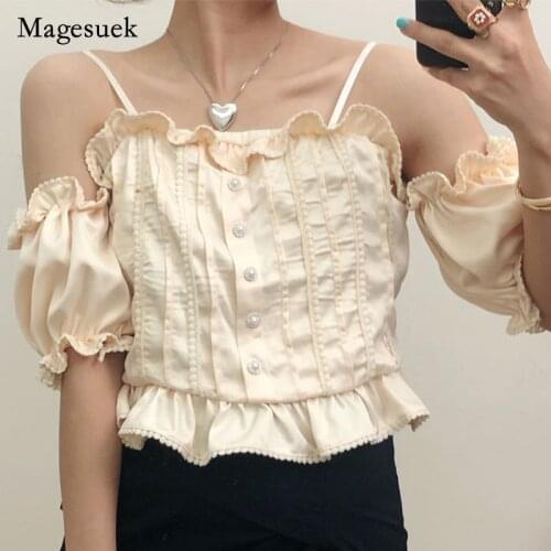 Sexy Summer Women Short Sleeve Shirt Slash Neck Beading Wooden Ear Puff Sleeve Tops Retro Off Shoulder Female Shirt Blusa 15757
