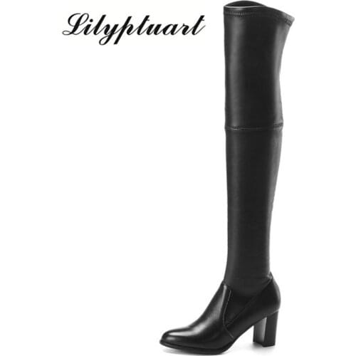 2019 European and American style winter thick high-heeled knight boots round head leather set foot over the knee boots women
