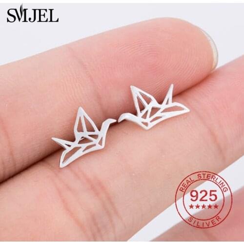 SMJEL 925 Sterling Silver Lovely Wild Origami Crane Stud Earrings for Women Graceful Pendientes Birds Earrings Party Jewelry
