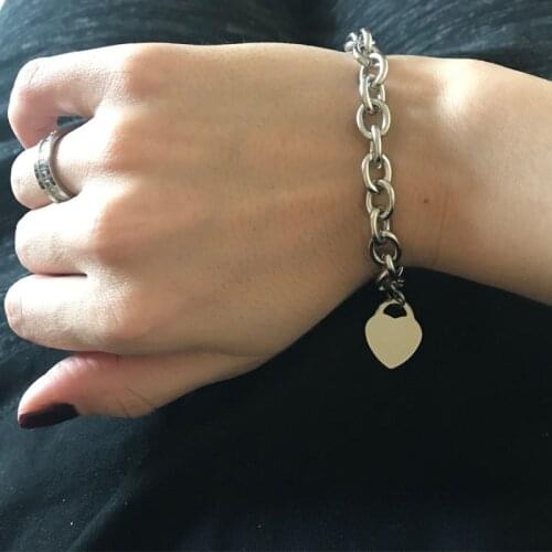 100% Stainless Steel Heart Tag Charm Bracelet For Women Rolo Cable Femme With Blank Metal Tags Bangle High Polished Wholesale