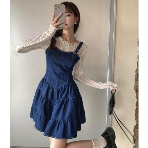 Slim waist denim sling dress female 2021 summer and autumn new style waist slim pleated suspender jean dresses
