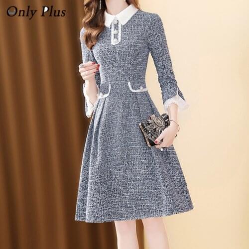 Women Grey Dress Peter Pan Collar Vintage Tweed Dress For Women Winter Party A-Line Flare Sleeve Woolen Dress For Women Spring