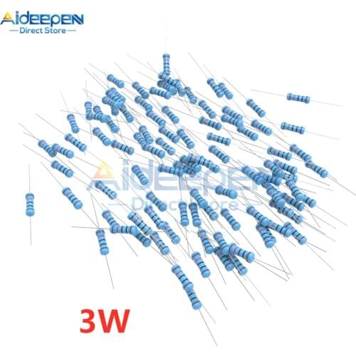 100Pcs 3W Metal Film Resistor 1% 1R-1M Ohm Resistance 1K 2.2K 4.7K 5.1K 6.8K 10K 15K 22K 47K 51K 100K 220K 470K 510K 1M Ohm
