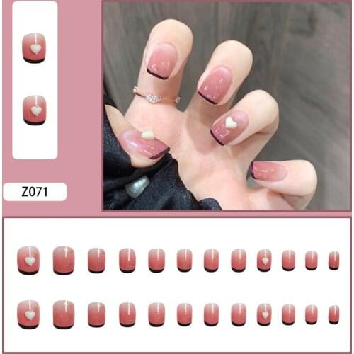 24Pcs False Nails Gradient Pink Black Border With Peach Heart Nail Art Short Paragraph Manicure Fully Covered Nail Decoration