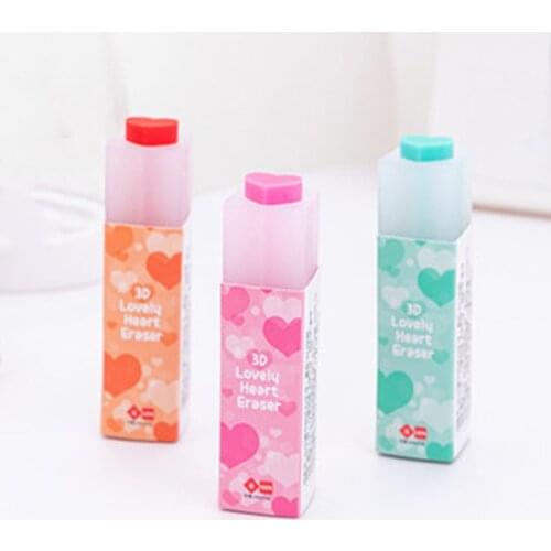 3PCS Creative Cartoon 3D Heart Shaped Eraser Cute Rubber Students Stationery Children Gifts Office School Supplies Wholesale