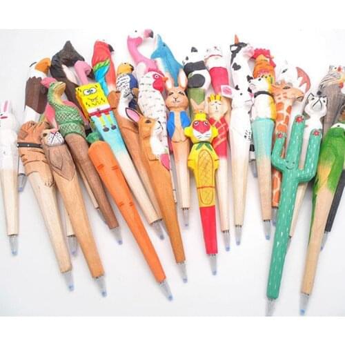 5 Sets Handmade Animal Carved Wooden Signature Pen + Wooden Base Creative Writing Pen Stationery Bussiness Supply