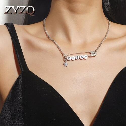 ZYZQ Trendy Letter Pin Necklace For Women Personality Carve "DREAM" Bead Clavicle Chain Female Summer Boho Jewelry Gifts