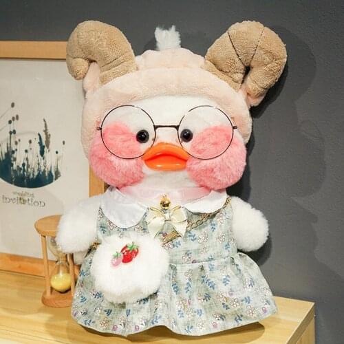 Cyan Dress Strawberry Bag with Horns Headband Hoodie Hyaluronic Acid Duck with Glasses Hat Plush Toy Stuffed Soft Birthday Gift