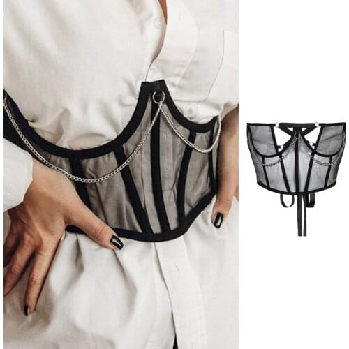 Gothic Punk Metal Chain Black Mesh Corset Underbust Bustiers Harajuku Vintage See-Through Lace-Up Waist Belt Shaper Cincher