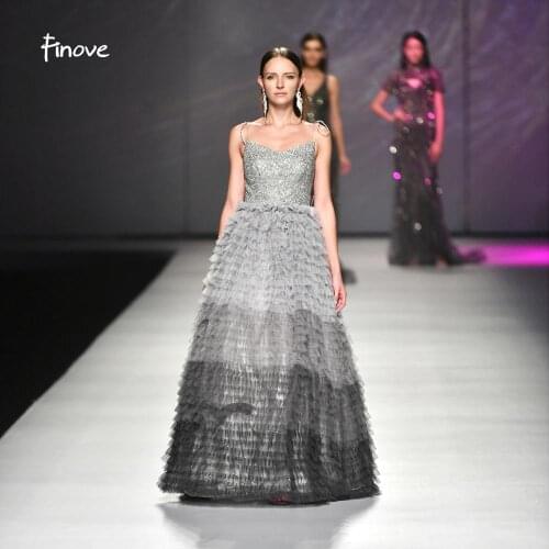 Finove Classic Grey Long Evening Dress 2020 Stunning Beaded Spaghetti Strap Floor Length Tiered A Line Dress Party Dress Gowns