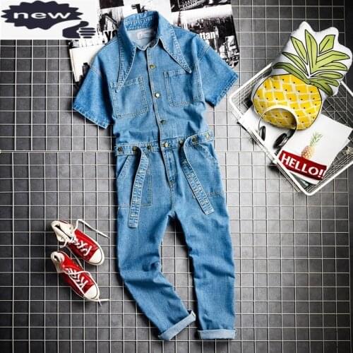 Euro Hip Hop Fashion Mens Denim Jumpsuit Vintage One Piece Cargo Pants Short Sleeve Jeans Bib Overalls Casual Cowboy Jumpsuits