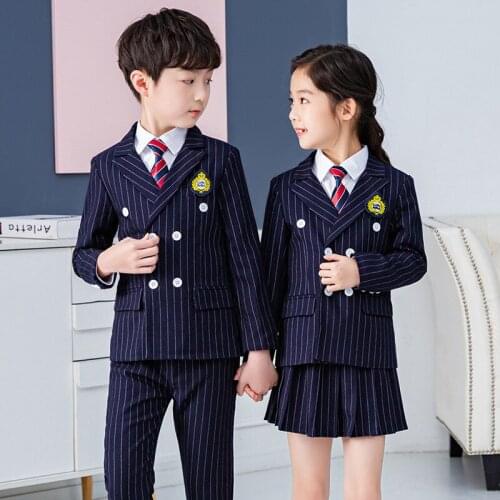 Child School Uniforms Suit Set British Style Boys Girls Performance Party Costume Kids Striped Blazer Shirt Pants/skirt Outfit