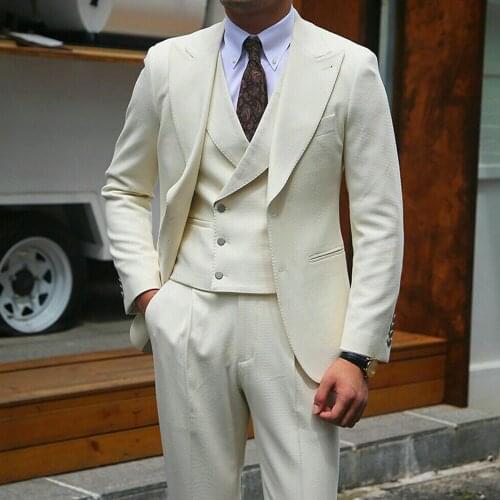 Ivory Groom Wear Men Suits For Wedding Slim Fit 3 PCS Tuxedo Bridegroom Jacket+Vest+Pants Custom Made Costume Homme Mariage XZ74