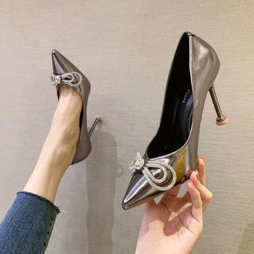 Korean fashion spiky net red water diamond high heels bow heel single shoes banquet sexy womens shoes