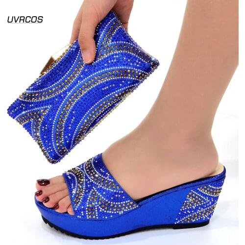 Fashion Design Italian Shoes and Bags to Match Set Decorated with Rhinestone Shoes and Bag Set in Blue Color