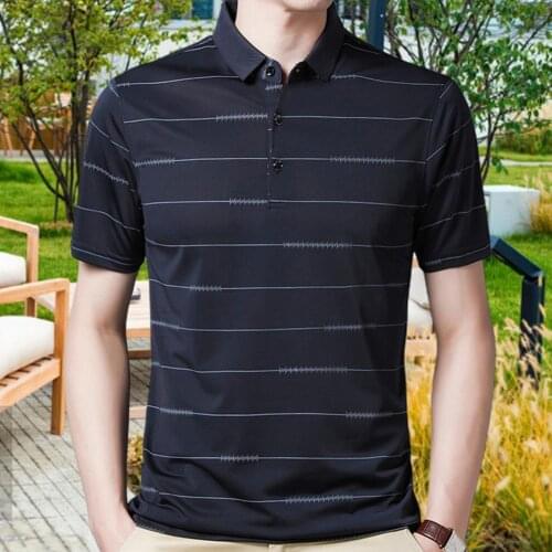 T-shirt Striped Short Sleeve Men Casual Shirt Front Patch Chest Pocket Regular-fit Button-down Collar Thick Work Shirts Summer