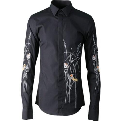 New arrivla fashion Flower And Bird Embroidery Unsymmetrical Fashion Men Casual Shirts long sleeve size M L XL 2XL 3XL 4XL