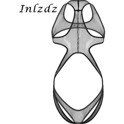 Mens Lingerie Fishnet Bodysuit Hollow Out Racer Back Open Chest and Butt Wrestling Singlet Leotard Mankini Bodysuit Underwear