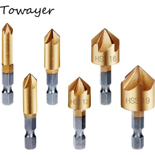 6 Pcs Countersink Drill Bit Set 1/4'' Hex Shank HSS 5 Flute Countersink 90 Degree Wood Chamfering Cutter Chamfer 6mm-19mm