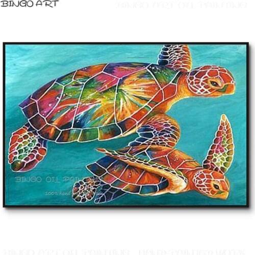 Professional Artist Hand-painted High Quality Animal Turtle Oil Painting Rich Colors Modern Sea Animal Tortoise Oil Painting