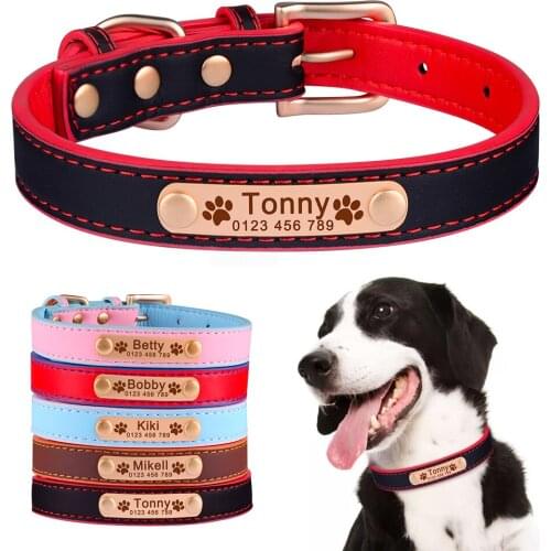 Personalized Engraved Name Tag Dog Collar Adjustable Soft Leather Unisex Dogs Collar Custom Free Puppy Small Large Dog Collar