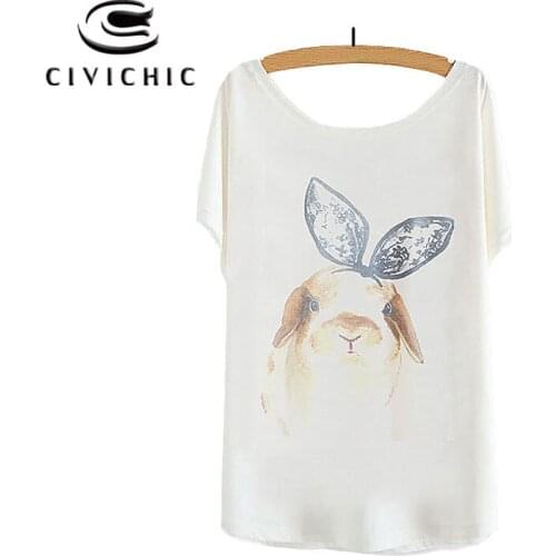 CIVI CHIC Summer Tees Lovely Rabbit Bow Tie Print Women T-shirt Girl Cute O Neck Tops One Size Loose T shirts Casual Wear WST61