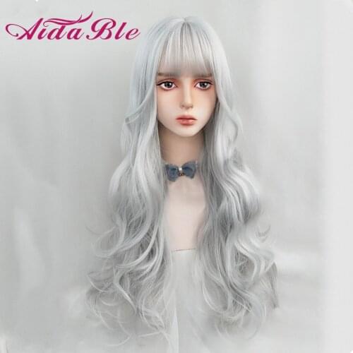 Aidable hair Long Wavy Synthetic White White 28" Cosplay Lolita Hair Wigs with Bangs for Women Costume Party