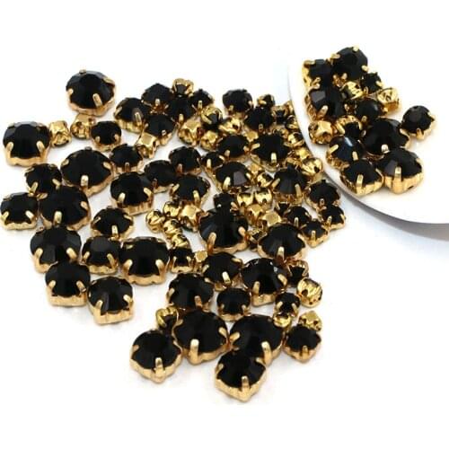 Hot sale 100pcs/bag Mixed size glass crystal beads gold base sewing Black rhinestones diy Wedding decoration