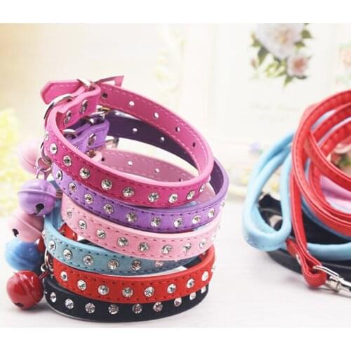 Rhinestone Bells Puppy Cat Collars Adjustable Leather Bowknot Kitten Collar Small Medium Dogs Cats Chihuahua Pug Give Away Leash