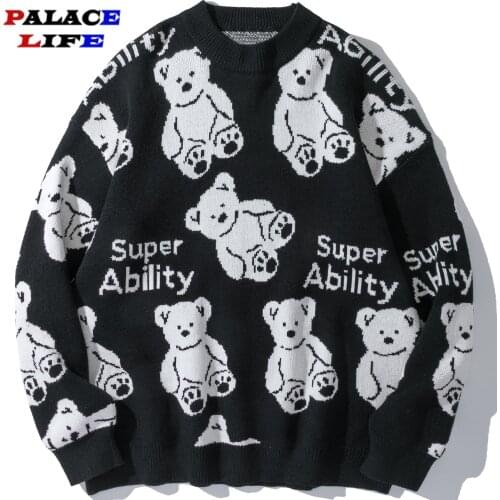 Cotton Pullover Sweater Men 2021 Autumn Cartoon Bear Print Knitted Sweater Hip Hop Harajuku Couple Streetwear Sweater Tops