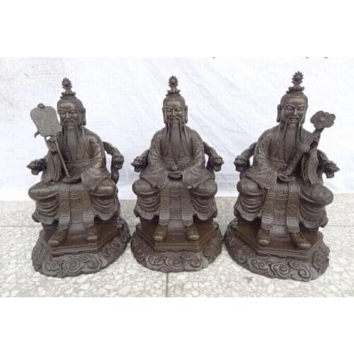 Xd 001937 14" Chinese Pure Bronze Fu Fan RuYi Taoist Sanqing Purities 3 God Statue Set