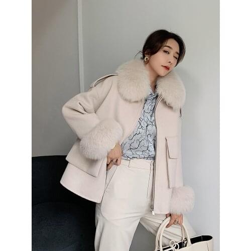 Real Fox Fur Coat for Woman Winter Elegant Genuine Wool Cashmere Blend Warm Zipper Jacket Splittable Two piece Sets Chic Outerwe
