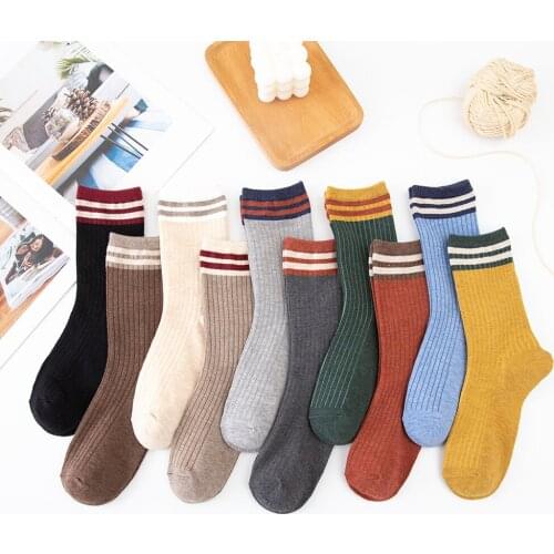 New Girl Striped Harajuku Retro Solid Color Fashion Casual Cotton Long Fun Womens Socks