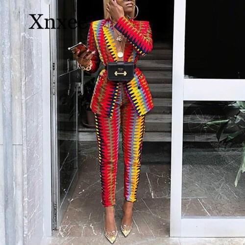 Autumn Winter Women Tracksuits Long Sleeve Blazer Straight Pants suits OL Women Striped Print Casual Fashion 2 Piece Suit office