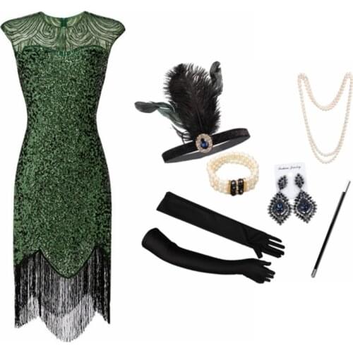 Plus Size Women 1920s Art Deco Great Gatsby Sequin Fringe Flapper Dress Tassels Costume Accessories Vintage Set with Sleeveless