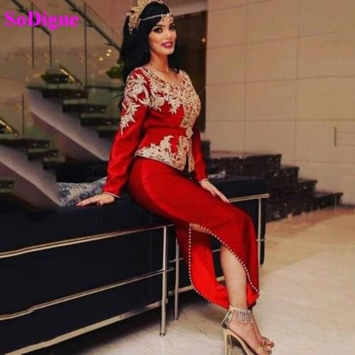 SoDigne Arabic Moroccan Caftan Evening Dress Red Long Sleeve Dubai Gold Lace Velvet Formal Prom Gown Women Party Dress