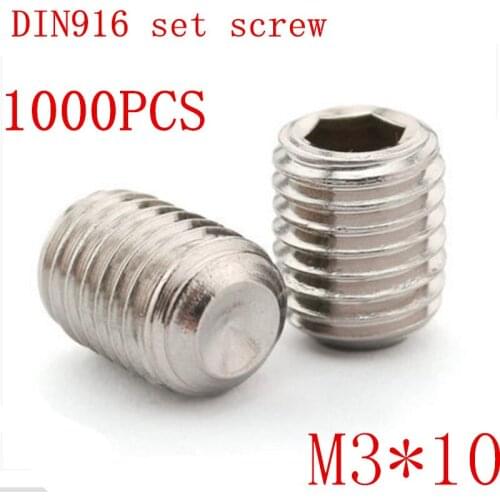 1000pc/set DIN916 m3*10 m3x10 3mm Stainless Steel Metric Thread Grub Screws Cup Point Hexagon Socket Set Screws Headless