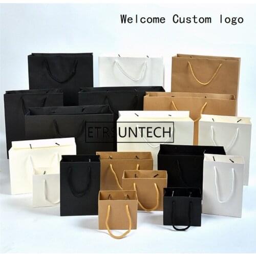 200Pcs/Lot Black/Brwon/White Kraft Paper Bag With Handle Wedding Party Favor Paper Gift Bags Welcome Custom Logo