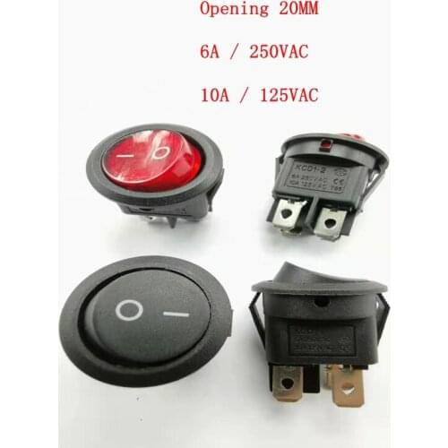 5pcs 6A black red 4 foot 2 file hole 20MM round power switch Rocker switch