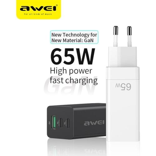 AWEI 65W PD9 3 Ports EU GaN Fast Charger PD Quick QC Charging Adapters Plug Type C Portable Travel Charger For iPhone12 Xiaomi