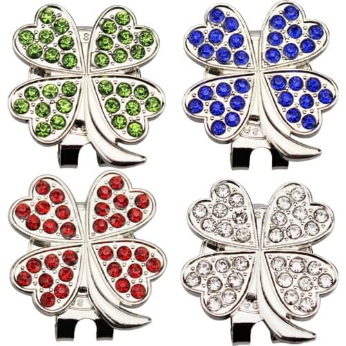 Four leaf clover golf ball marker with cap clips New Beatiful Crystal Four leaf clover Golf Hat Clip Golf Ball Marker Wholesale