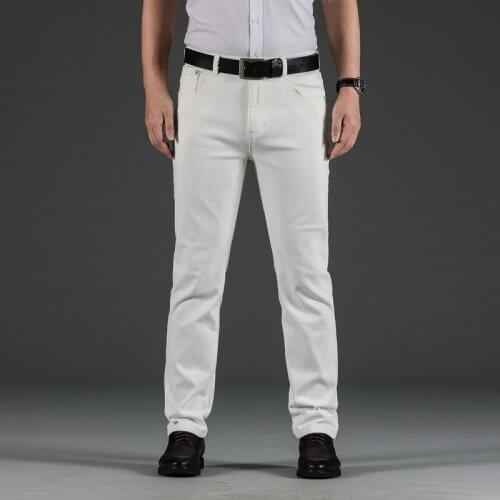 Classic Style Mens Regular Fit White Jeans Business Fashion Denim Advanced Stretch Cotton Trousers Male Brand Pants