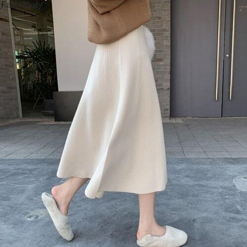 FairyShely Vintage High Waist Knitted Pleated Skirt Women 2020 Autumn Winter Casual Mid Skirt Female Korean Loose Long Skirt