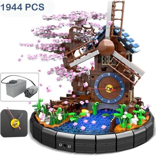 1944PCS Electric Sakura Windmill Clock Building Blocks DIY Time Bell Architecture Assembly Bricks Toys For Friends Xmas Gifts