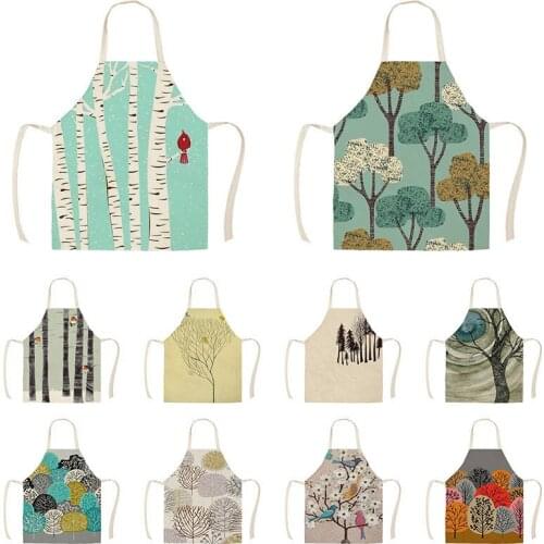 Taiji Forester Tree Pattern Kitchen Aprons for Women Cotton Linen Bibs Household Cleaning Accessories Cooking Apron WQTX41