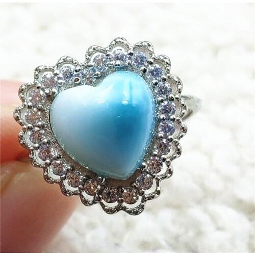Genuine Natural Larimar Blue Dominia Heart Adjustable Ring 10x10mm Namibia Water Pattern Larimar 925 Sterling Silver AAAAAA