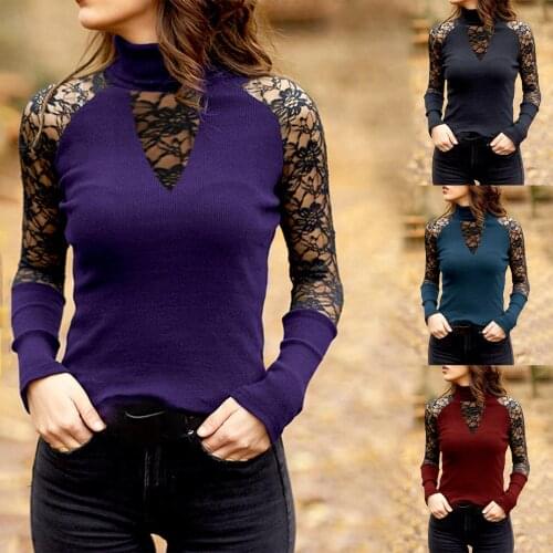 Autumn Women Long Sleeve Turtle Neck Lace Patchwork Rib Blouse Pullover Knitwear