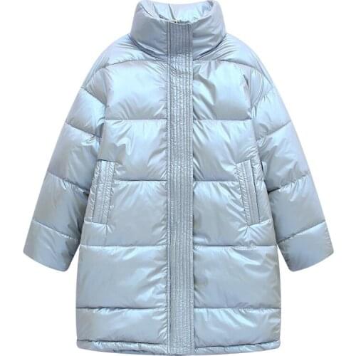 Women Winter Thicken Oversized Long Parkas Glossy Cotton Overcoat Zipper Bread Coat Stand Collar Fashionable Jacket