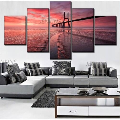 Landscape Sunset Vasco Da Gama Bridge and Tagus River Painting Modern On Canvas Print Type 5 Pieces Modular Art Style Wall Decor